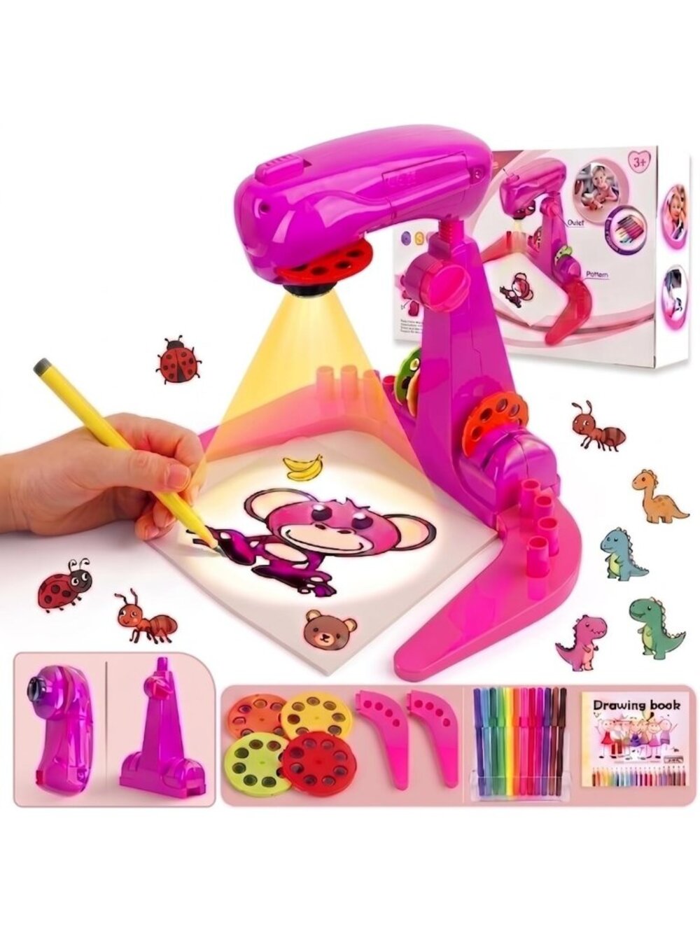 Kids Drawing Projector Toy with 32 Cartoon Patterns & 12 Color Brushes